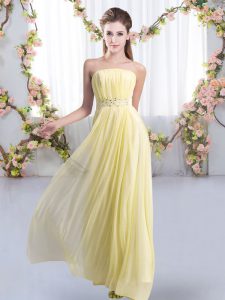 Enchanting Strapless Sleeveless Dama Dress for Quinceanera Sweep Train Beading Yellow Chiffon