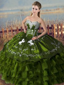 Artistic Olive Green Sweetheart Lace Up Embroidery and Ruffles Sweet 16 Dress Sleeveless