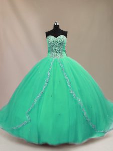 Colorful Turquoise Sleeveless Court Train Beading Quince Ball Gowns