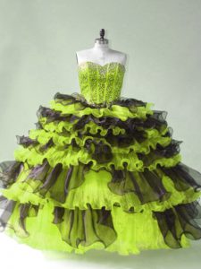 Comfortable Yellow Green Lace Up Sweetheart Beading Sweet 16 Dress Organza Sleeveless