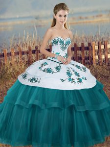 Simple Teal Ball Gowns Sweetheart Sleeveless Tulle Floor Length Lace Up Embroidery and Bowknot Sweet 16 Quinceanera Dres