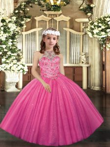 Hot Pink Ball Gowns Appliques Kids Formal Wear Lace Up Tulle Sleeveless Floor Length