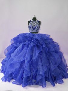 Floor Length Backless Vestidos de Quinceanera Royal Blue for Sweet 16 and Quinceanera with Beading and Ruffles