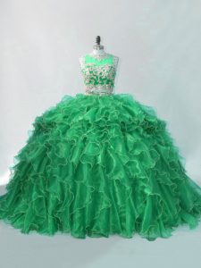 Green Sleeveless Beading and Ruffles Quince Ball Gowns
