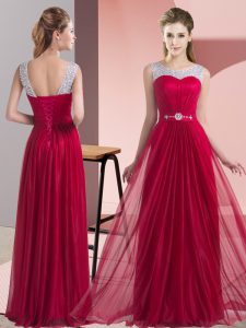 Nice Wine Red Sleeveless Floor Length Beading and Belt Lace Up Bridesmaid Gown