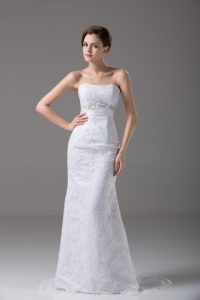 Fashionable Mermaid Sleeveless White Wedding Dress Brush Train Zipper