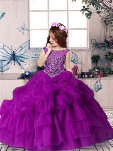 Purple Ball Gowns Scoop Sleeveless Organza Floor Length Zipper Beading and Pick Ups Little Girls Pageant Dress Wholesale
