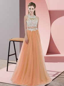 Sleeveless Floor Length Lace Zipper Bridesmaid Dresses with Orange