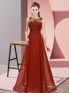 Rust Red Sleeveless Floor Length Beading and Appliques Zipper Bridesmaid Dress