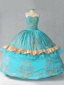 High Quality Aqua Blue Sweetheart Lace Up Embroidery and Bowknot Sweet 16 Quinceanera Dress Sleeveless