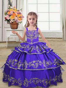 Satin Straps Sleeveless Lace Up Embroidery and Ruffled Layers Little Girl Pageant Dress in Purple