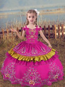 Dramatic Sleeveless Satin Floor Length Lace Up Little Girl Pageant Dress in Fuchsia with Beading and Embroidery