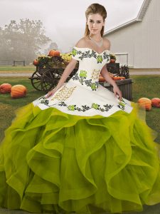 Floor Length Olive Green Quince Ball Gowns Tulle Sleeveless Embroidery and Ruffles