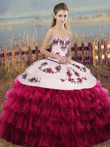 Sleeveless Floor Length Embroidery and Ruffled Layers and Bowknot Lace Up Sweet 16 Dress with White And Red