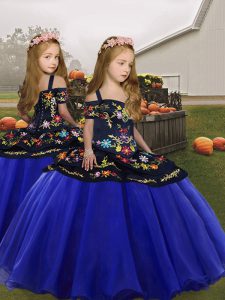 Lovely Royal Blue Ball Gowns Embroidery and Ruffles Little Girl Pageant Dress Lace Up Organza Sleeveless Floor Length
