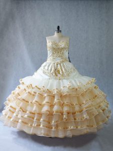 Champagne Lace Up Sweetheart Embroidery and Ruffled Layers Quinceanera Gown Organza Sleeveless