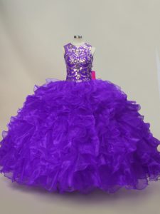 New Style Ball Gowns 15 Quinceanera Dress Purple Scoop Organza Sleeveless Floor Length Lace Up