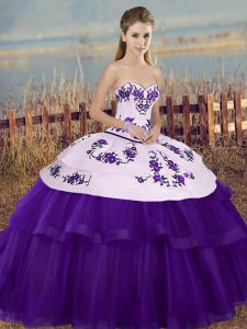 Exceptional White And Purple Ball Gowns Embroidery and Bowknot Sweet 16 Dresses Lace Up Tulle Sleeveless Floor Length