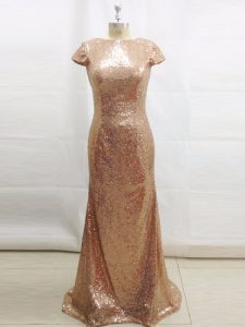 Champagne Column/Sheath Bateau Short Sleeves Sequined Brush Train Backless Sequins Prom Party Dress