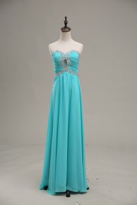 Beauteous Sleeveless Chiffon Floor Length Lace Up in Aqua Blue with Beading and Ruching