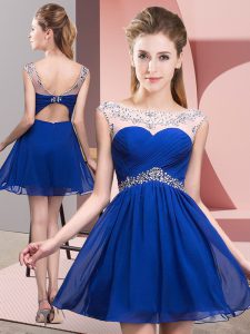 Spectacular Royal Blue A-line Taffeta Scoop Sleeveless Beading and Ruching Mini Length Backless Dress for Prom