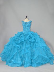 Aqua Blue Ball Gowns Beading and Ruffles 15 Quinceanera Dress Lace Up Organza Sleeveless