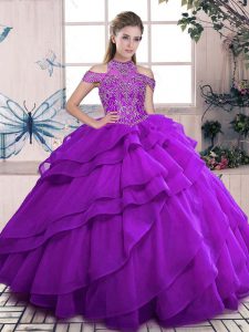 Purple Ball Gowns Organza High-neck Sleeveless Beading and Ruffles Floor Length Lace Up Sweet 16 Dress