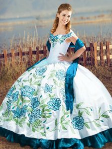 Nice Blue And White Satin Lace Up Off The Shoulder Sleeveless Floor Length Quinceanera Dress Embroidery and Ruffles