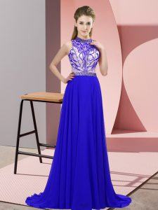 Classical Blue Empire Chiffon Halter Top Sleeveless Beading Backless Dress for Prom Brush Train