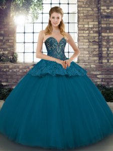 Amazing Blue Lace Up Vestidos de Quinceanera Beading and Appliques Sleeveless Floor Length