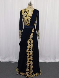 Fantastic Long Sleeves Chiffon Floor Length Zipper Homecoming Dress in Navy Blue with Lace and Appliques