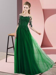 Smart Empire Bridesmaids Dress Dark Green Bateau Chiffon Half Sleeves Floor Length Lace Up