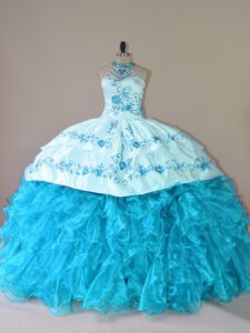 Glittering Ball Gowns Sleeveless Aqua Blue Sweet 16 Quinceanera Dress Court Train Lace Up
