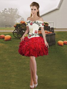 Red Sleeveless Embroidery and Ruffles Mini Length Prom Dresses