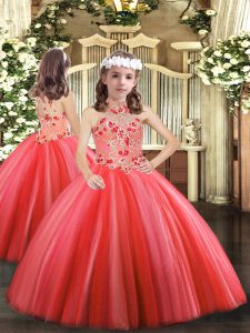 Floor Length Coral Red Little Girls Pageant Dress Wholesale Tulle Sleeveless Appliques