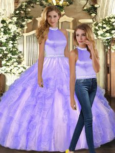 Top Selling Tulle Halter Top Sleeveless Backless Ruffles Quinceanera Gowns in Lavender