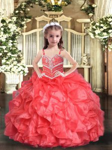 Custom Made Floor Length Lace Up Kids Formal Wear Coral Red for Party and Sweet 16 and Wedding Party with Beading and Ru
