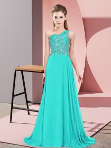 Aqua Blue Chiffon Side Zipper One Shoulder Sleeveless Floor Length Prom Party Dress Beading