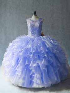 Top Selling Lavender Sleeveless Floor Length Beading and Ruffles Lace Up Quinceanera Dress
