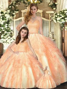 Orange Organza Lace Up Sweetheart Sleeveless Floor Length Quince Ball Gowns Beading and Ruffles
