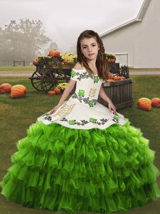 Attractive Embroidery and Ruffled Layers Little Girl Pageant Dress Green Lace Up Sleeveless Floor Length