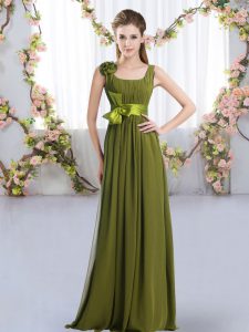 Cute Floor Length Zipper Bridesmaid Dresses Olive Green for Wedding Party with Belt and Hand Made Flower