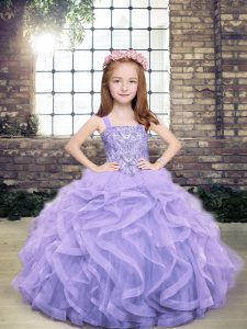Lavender Ball Gowns Beading and Ruffles Evening Gowns Lace Up Tulle Sleeveless Floor Length