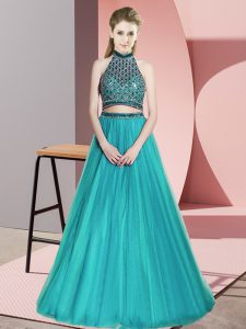 Teal Two Pieces Beading Prom Dress Backless Tulle Sleeveless Floor Length
