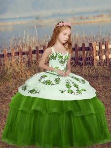 Embroidery Little Girl Pageant Dress Green Lace Up Sleeveless Floor Length
