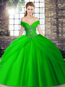 Fashionable Green Sweet 16 Dresses Tulle Brush Train Sleeveless Beading and Pick Ups