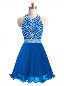 Chiffon Halter Top Sleeveless Lace Up Beading Prom Dress in Blue