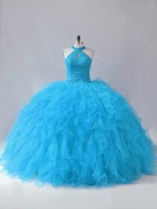 Charming Blue Sleeveless Floor Length Beading and Ruffles Lace Up Quince Ball Gowns