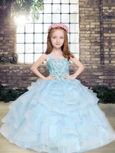 Sweet Floor Length Lace Up Little Girls Pageant Dress Wholesale Light Blue for Party and Military Ball and Wedding Party