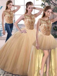 Affordable Floor Length Three Pieces Sleeveless Gold Quinceanera Gown Lace Up